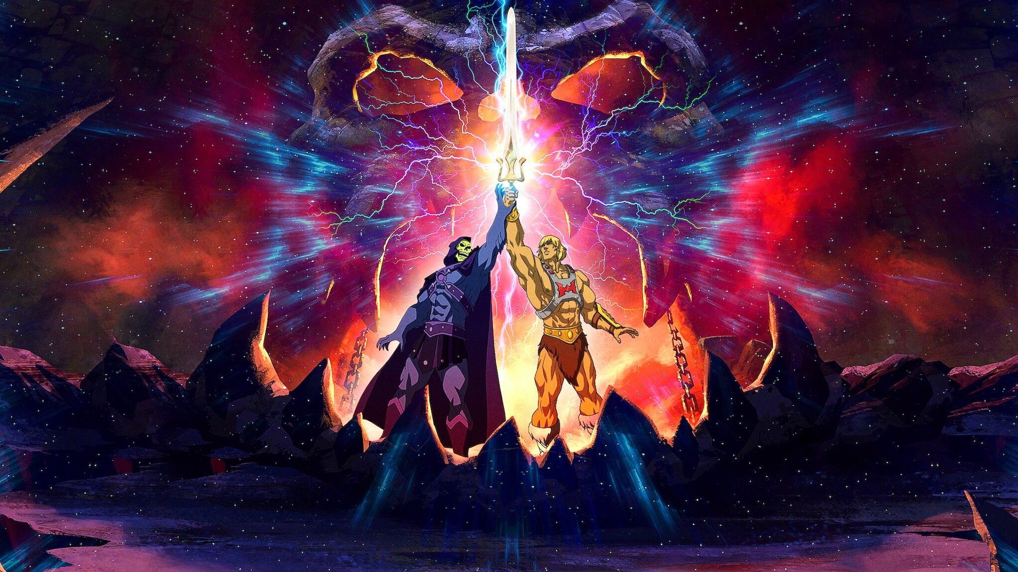 A sweeping, cinematic digital painting of Castle Grayskull at dawn, its jawbridge lowered and glowing with magical blue energy. Storm clouds part overhead, casting dramatic rays of light onto the battlements. The mood is epic, mysterious, and grounded - blending fantasy realism with the iconic silhouette fans know.