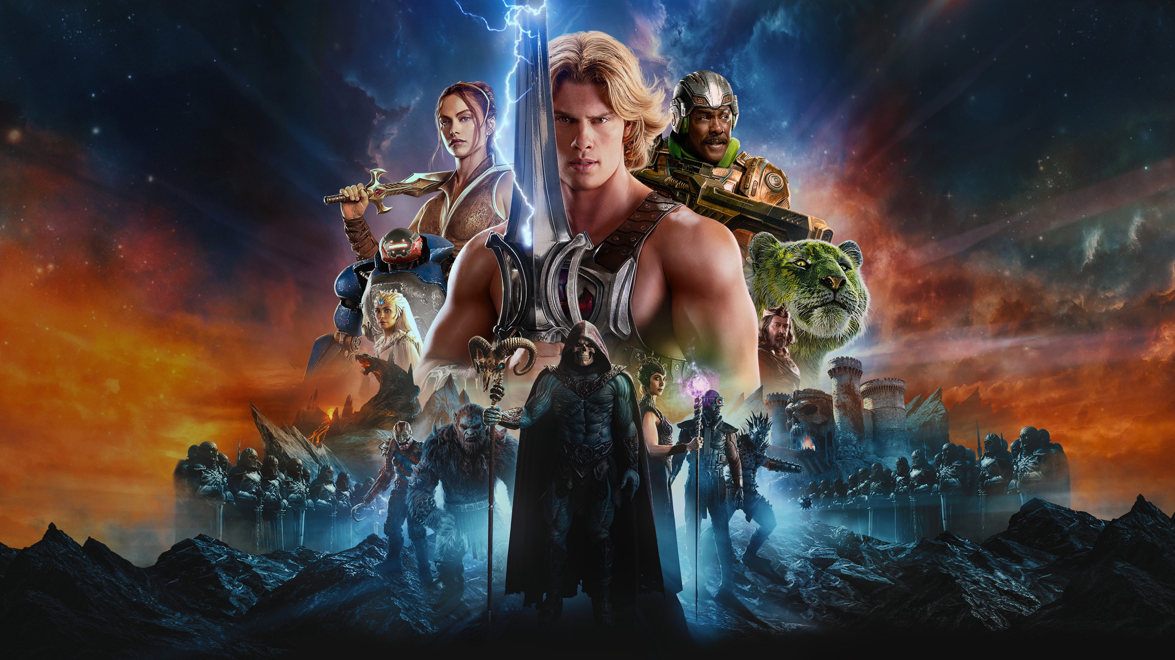 A moody, backlit concept art image of He-Man in full armor standing on a rocky Eternian cliff, holding the Power Sword aloft. The sky is a swirl of pink and purple twilight. The armor looks heavy, scarred, and weathered - closer to The Lord of the Rings than the cartoons. The mood is heroic but serious.